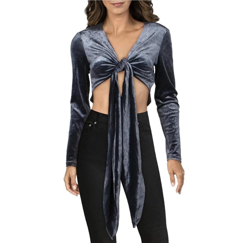 The East Order Womens Tika Blue Velvet‎ Cropped Blouse Wrap Top Shirt L
